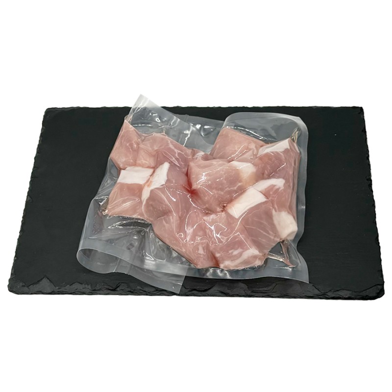 porc cubé a brochette, sous vide