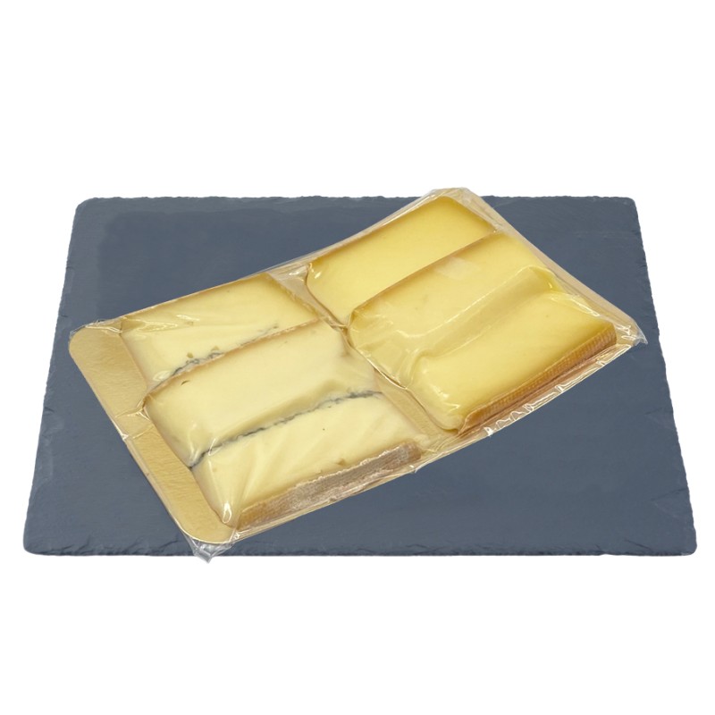 Morbier et raclette fumée tranchés plaquette